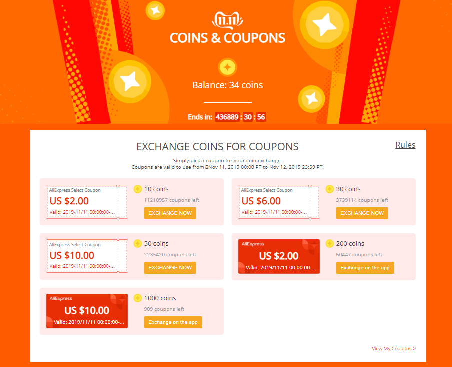 Aliexpress vymena kuponu coupons coins 11 11 2019